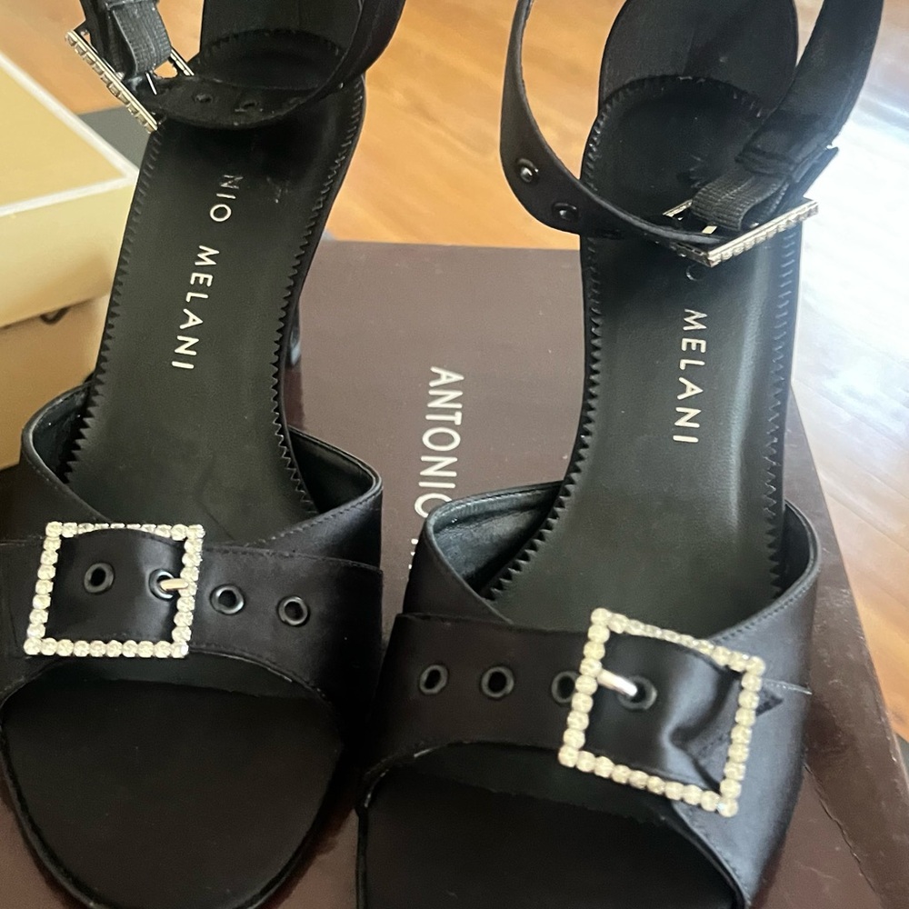 ANTONIO MELANI Black Heels with Rhinestone Buckle